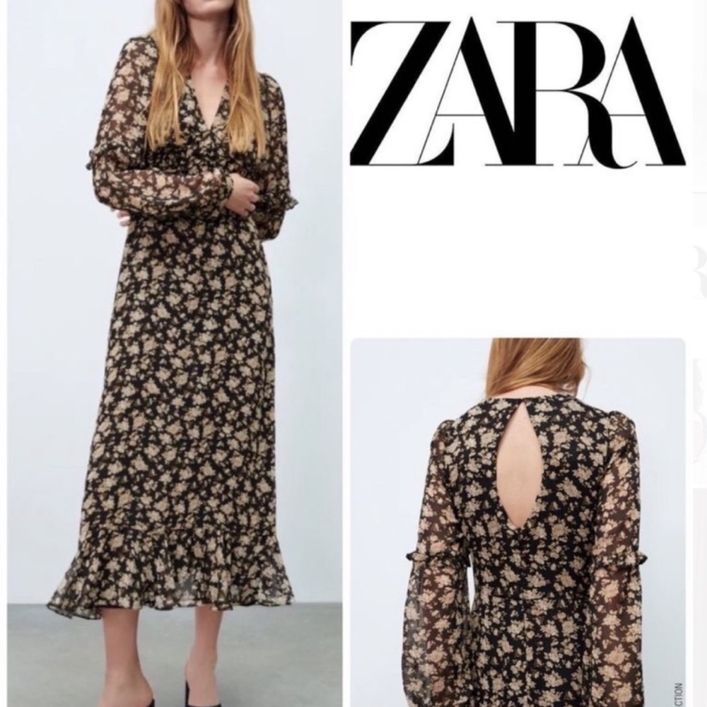 NEW! ZARA New Woman Midi Dress Floral Ruffled Lined Black Cream Size Medium - Picture 2 of 11